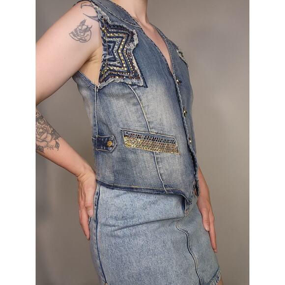 Y2k Pepe Jeans Streetwear Star Patchwork Rhinestone Distressed Denim Vest Sz Sm - Picture 6 of 9